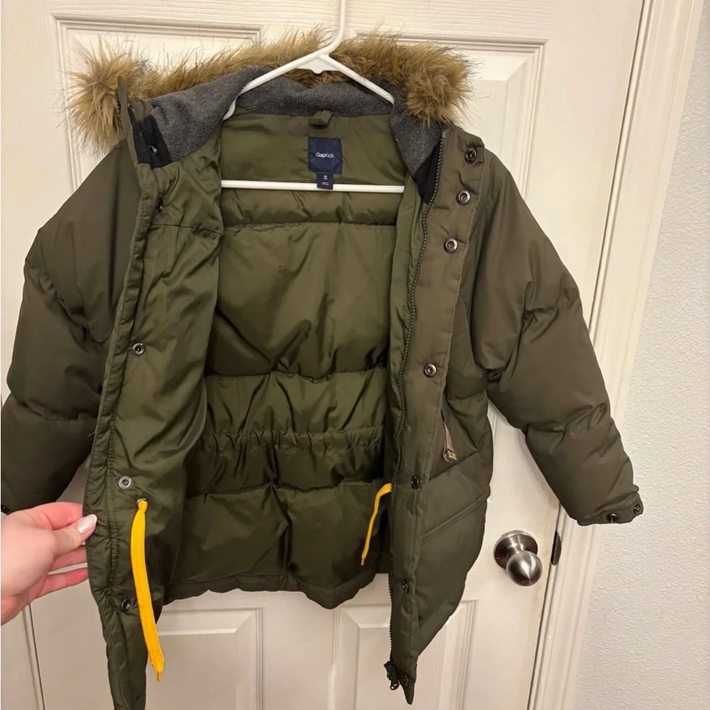 Olive Green Puffer Jacket with Faux Fur Hood
